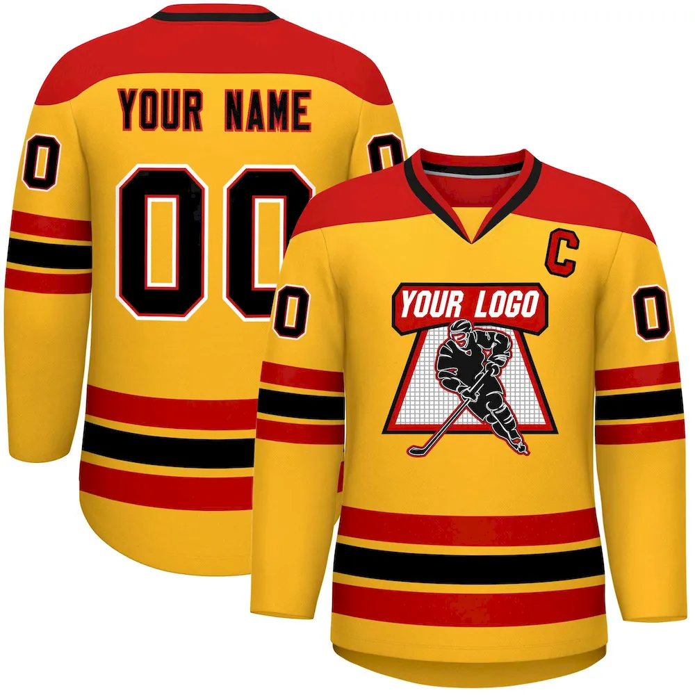 Custom Gold Red-Black Personalized Classic V-Neck Hockey Jersey