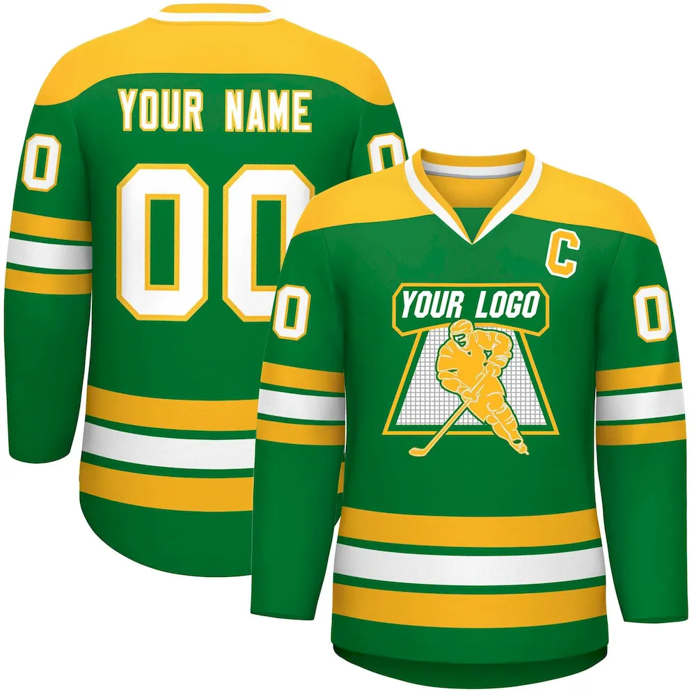 Custom Kelly Green Gold-White Personalized Classic V-Neck Hockey Jersey