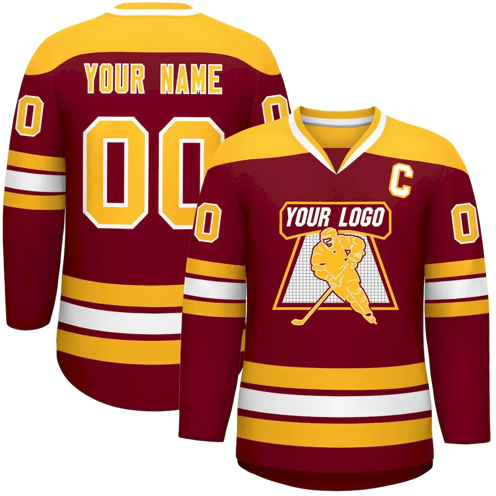 Custom Crimson Gold-White Personalized Classic V-Neck Hockey Jersey