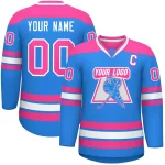 Custom Powder Blue Pink-White Personalized Classic V-Neck Hockey Jersey