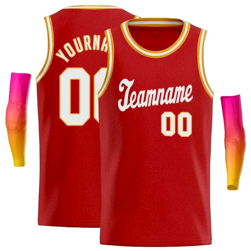 Custom Red White-Yellow Classic Tops Mesh Basketball Jersey