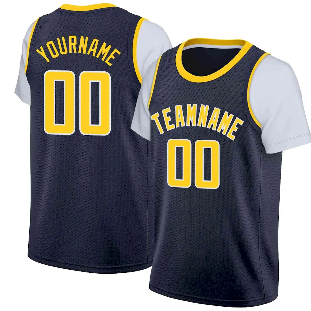 Custom Yellow Navy-White Classic Tops Casual Fake Sleeve Basketball Jersey