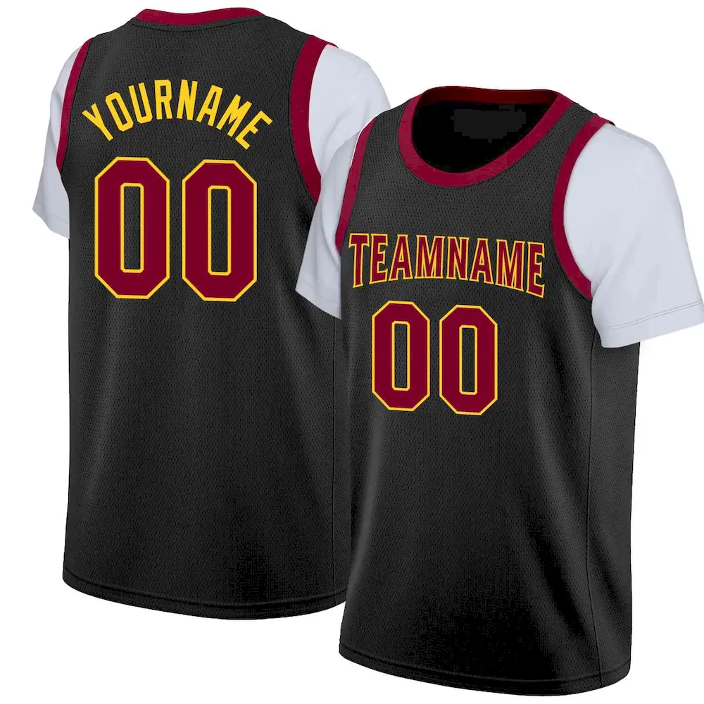 Custom Black Maroon-Yellow Classic Tops Casual Fake Sleeve Basketball Jersey