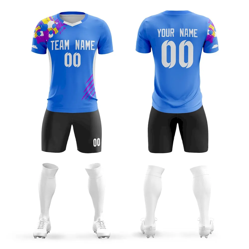 Custom Powder Blue White Outdoor Sport Soccer Sets Jersey