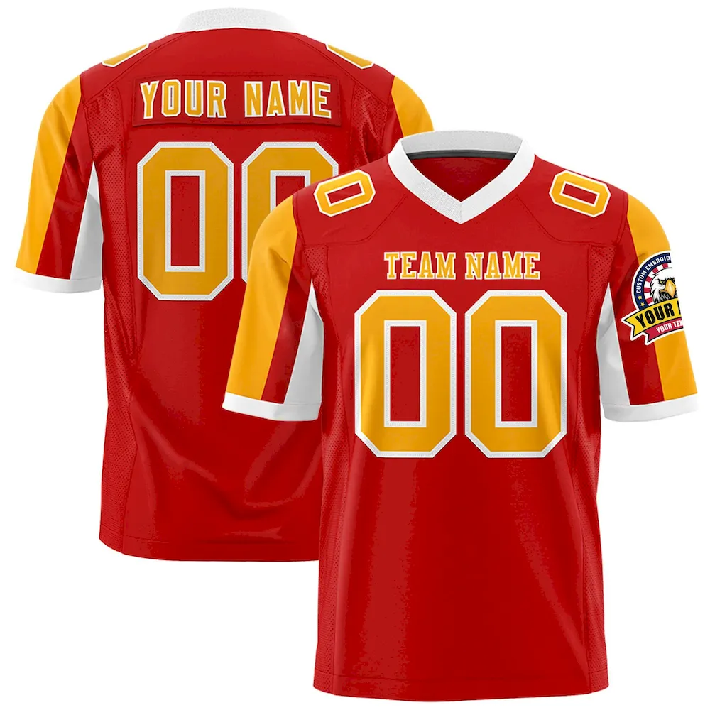Custom Red Yellow-White Color Block Personalized Raglan Sleeves Authentic Football Jersey