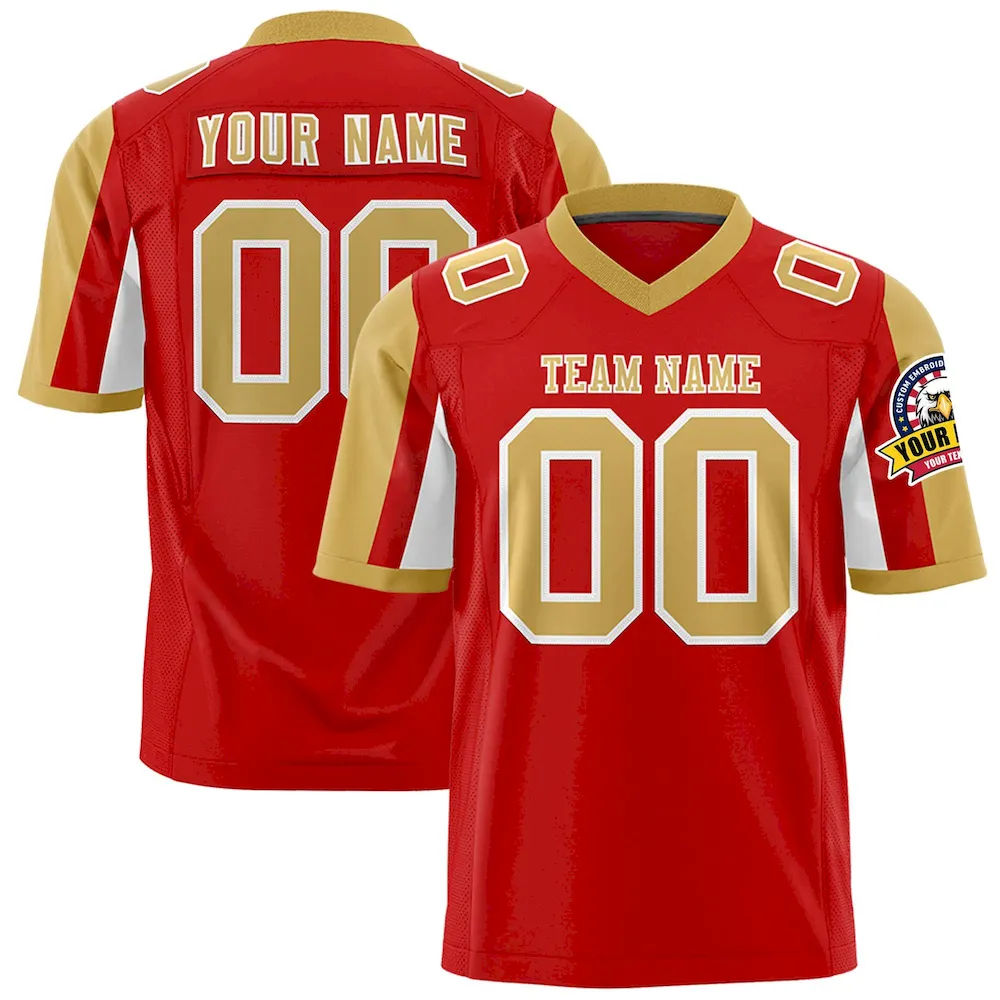 Custom Red Old Gold-White Color Block Personalized Raglan Sleeves Authentic Football Jersey