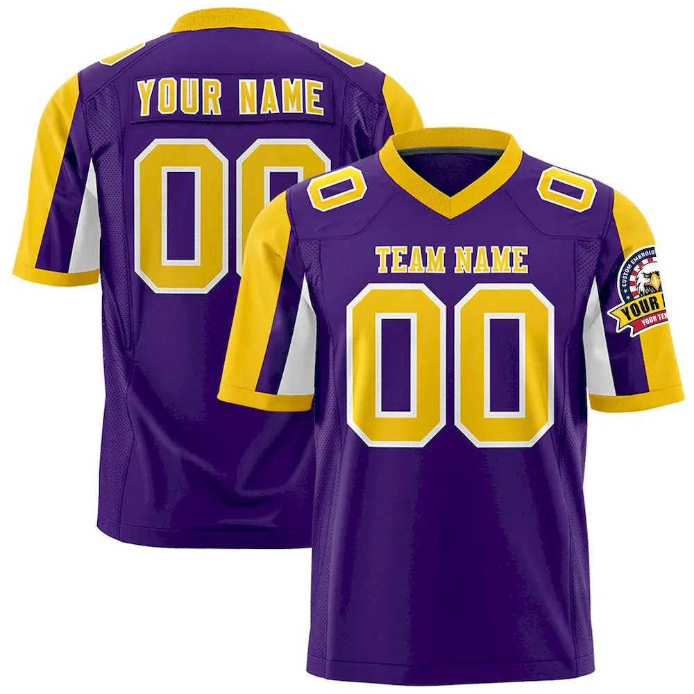 Custom Purple Gold-White Color Block Personalized Raglan Sleeves Authentic Football Jersey