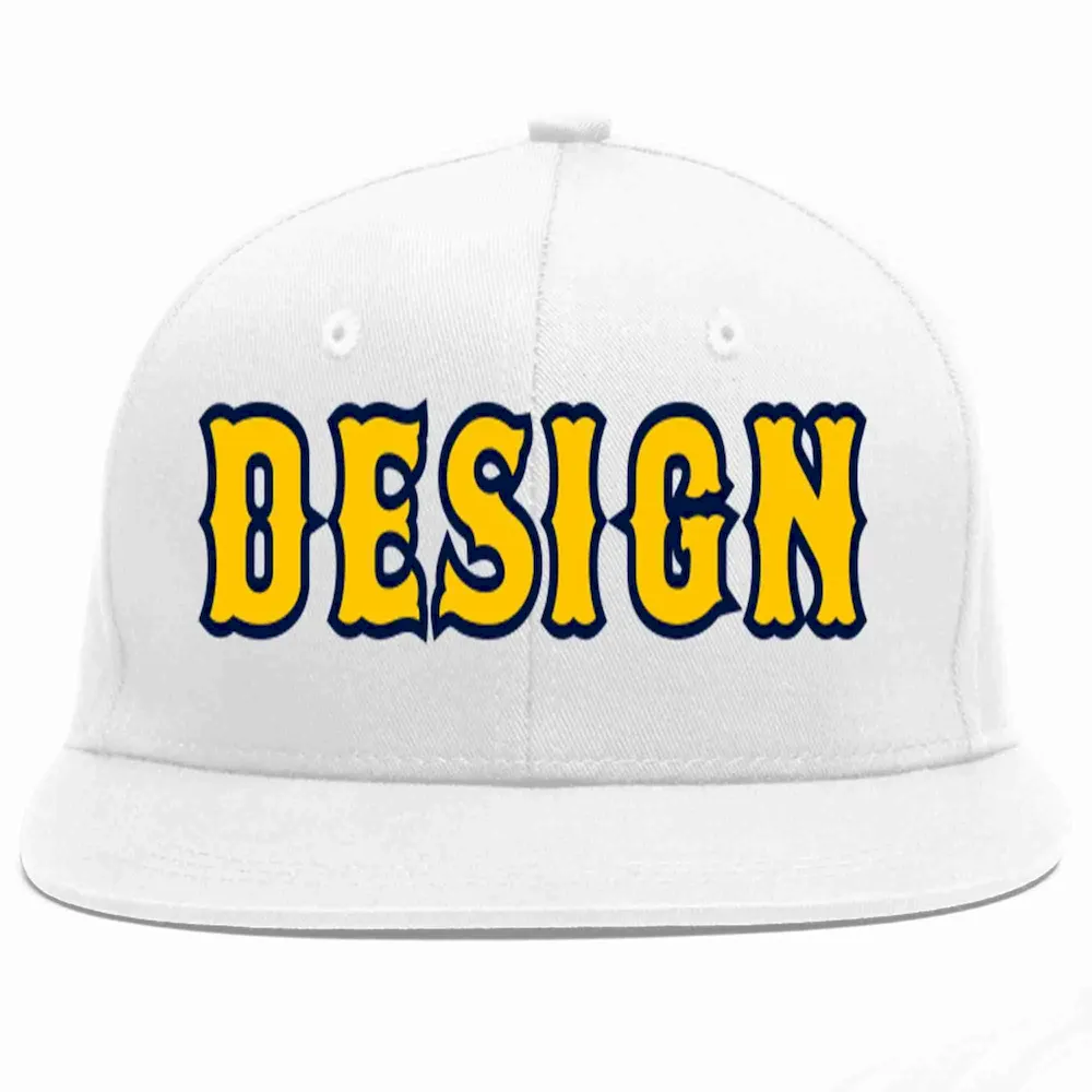 Custom White Gold-Navy Flat Eaves Sport Baseball Cap Design for Men/Women/Youth