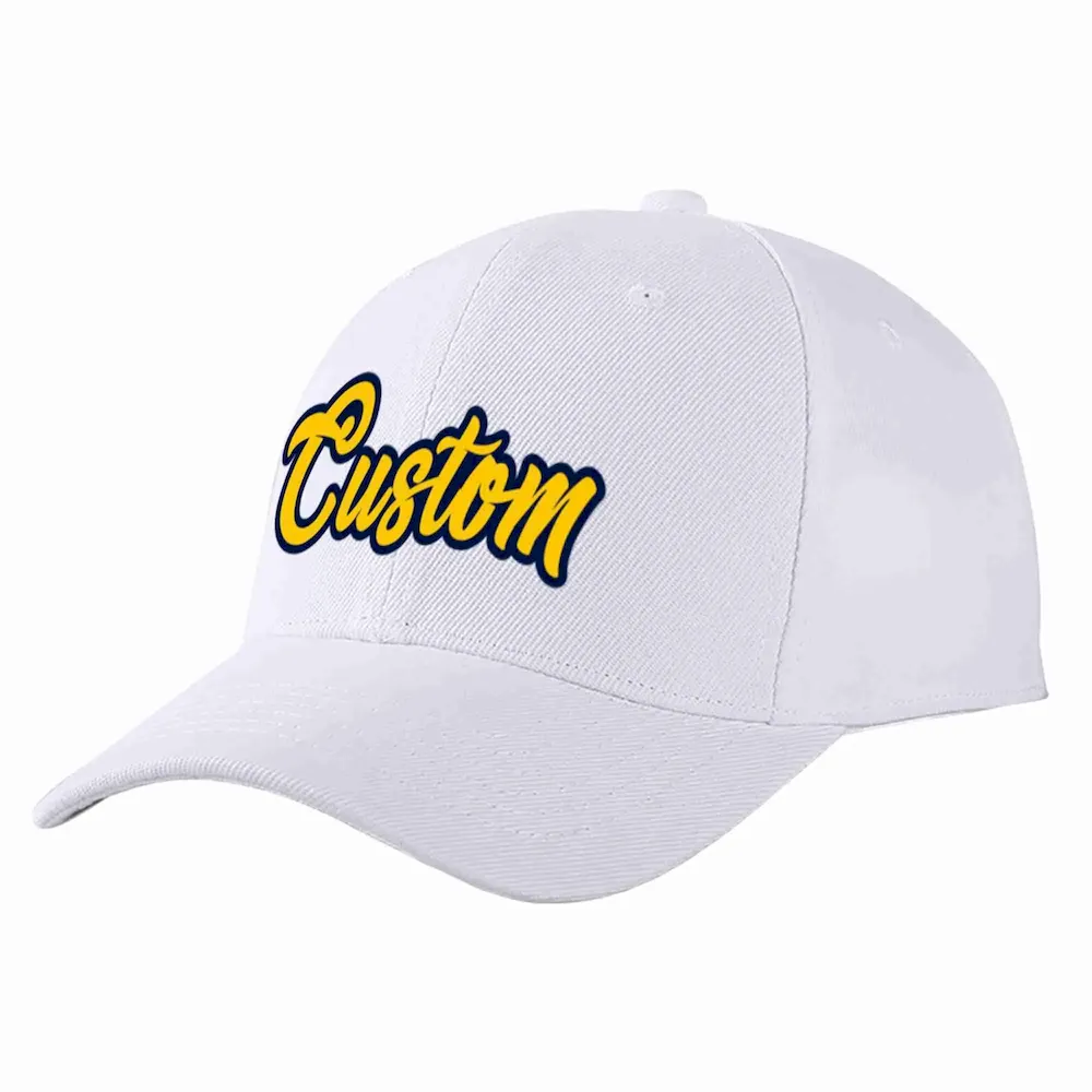 Custom White Yellow-Navy Curved Eaves Sport Baseball Cap Design for Men/Women/Youth