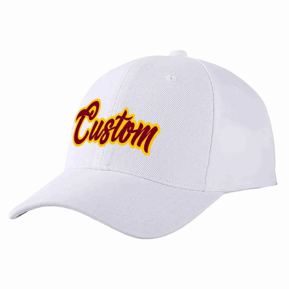 Custom White Crimson-Yellow Curved Eaves Sport Baseball Cap Design for Men/Women/Youth
