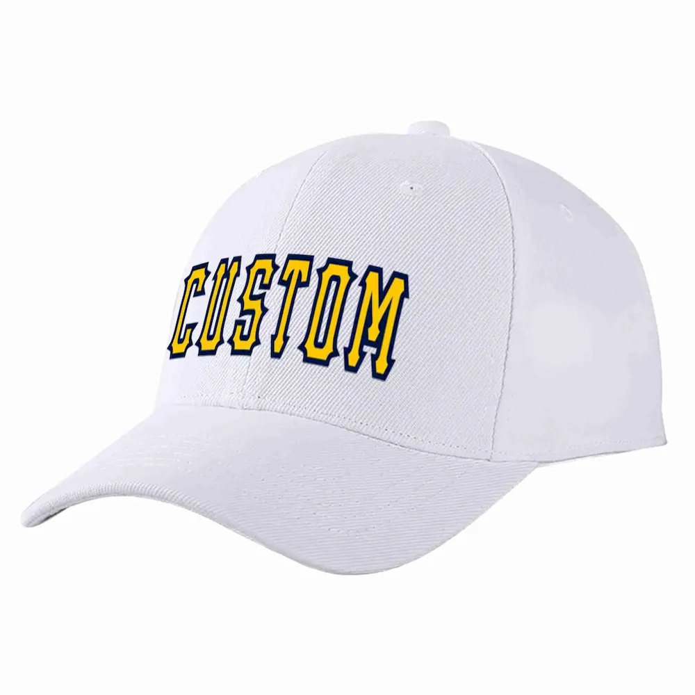 Custom White Yellow-Navy Curved Eaves Sport Baseball Cap Design for Men/Women/Youth