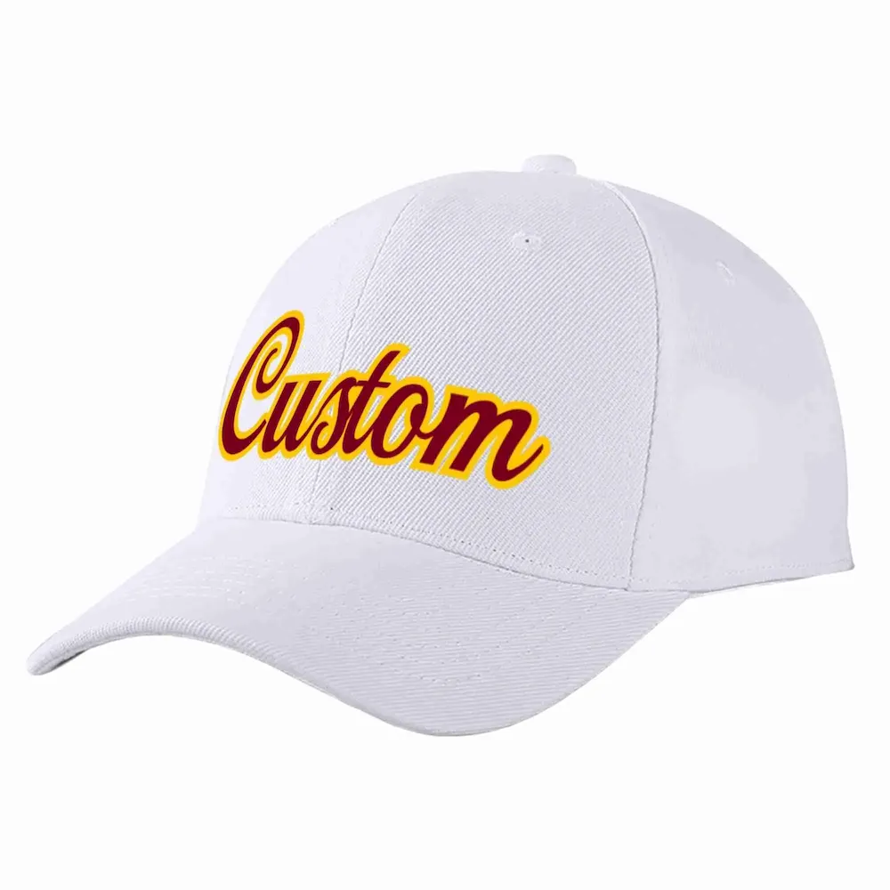 Custom White Crimson-Yellow Curved Eaves Sport Baseball Cap Design for Men/Women/Youth
