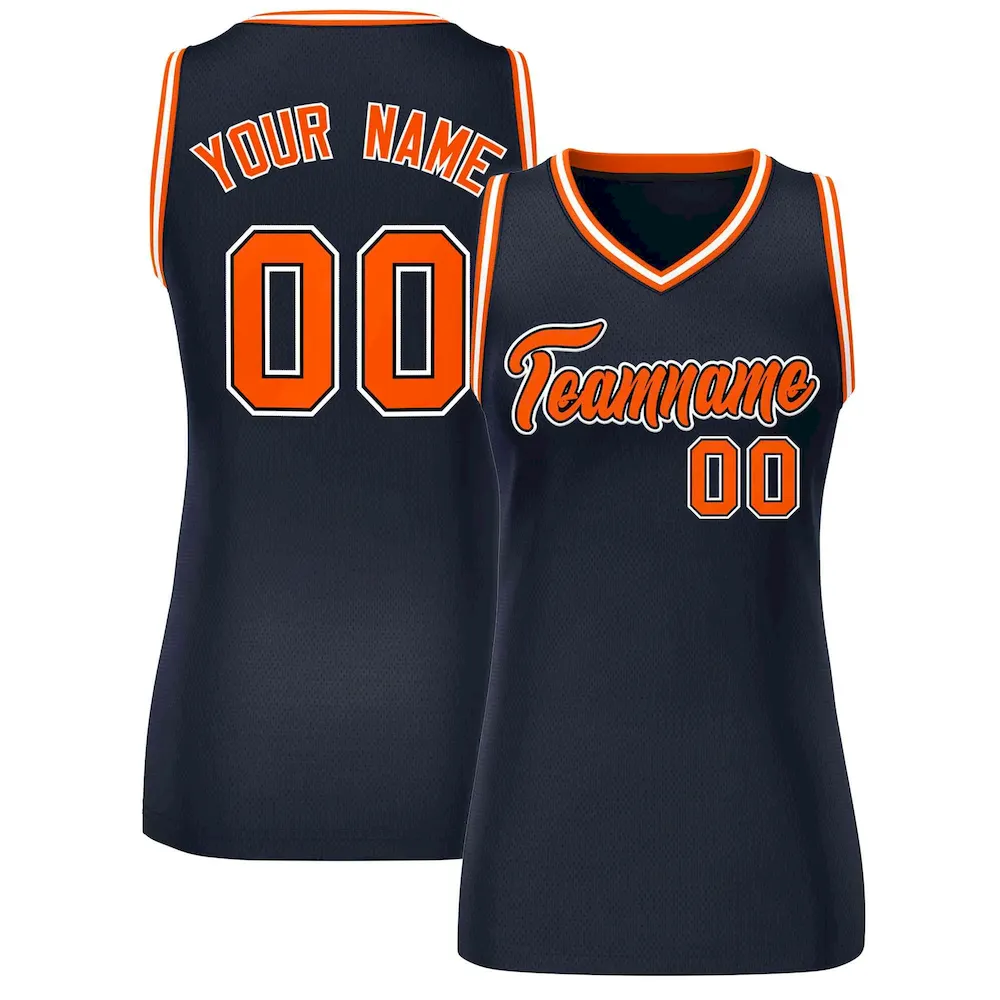 Custom Navy Blue Orange-White Classic Tops Mesh Basketball Jersey for Women