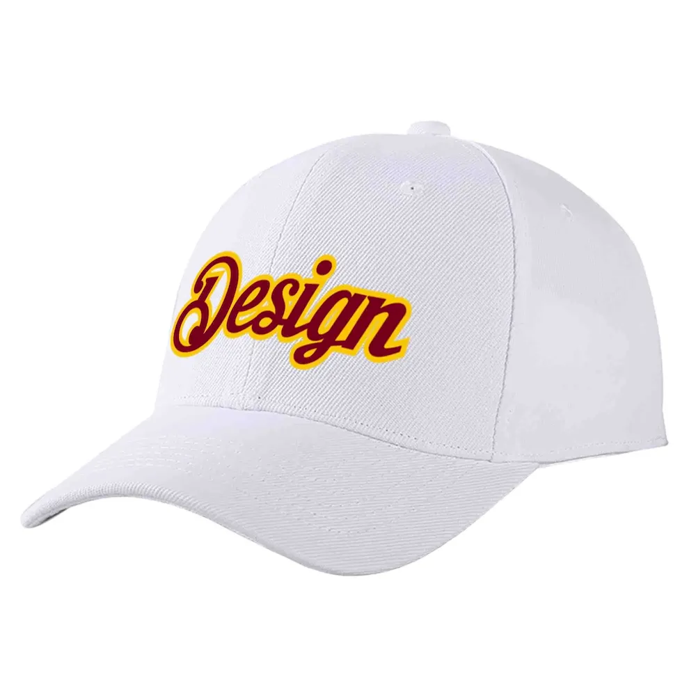 Custom White Crimson-Yellow Curved Eaves Sport Design Baseball Cap