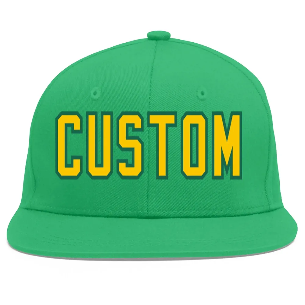Custom Teal Gold-Kelly Green Flat Eaves Sport Baseball Cap